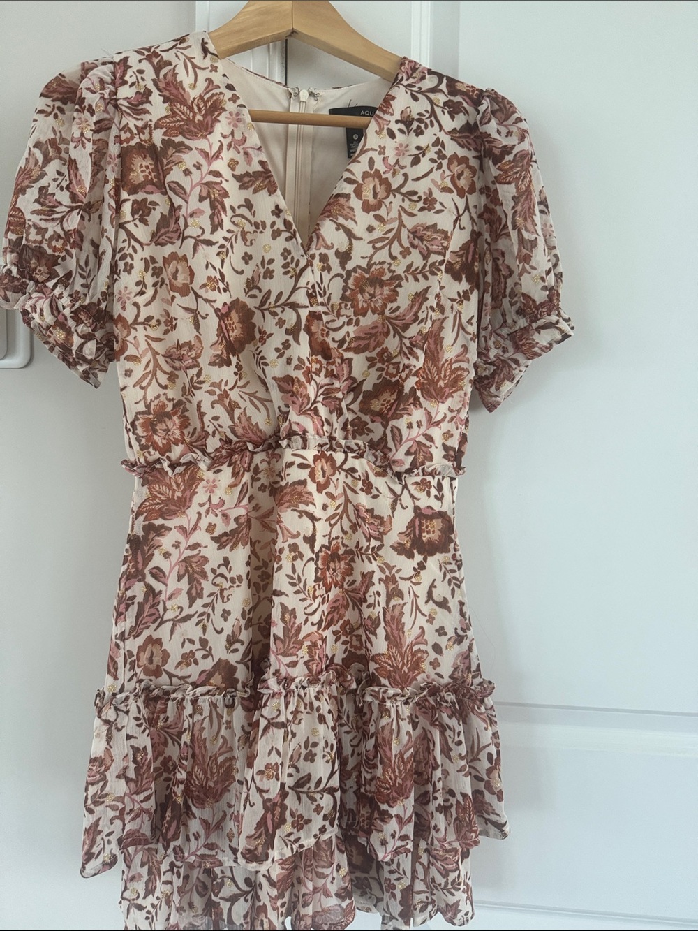 Aqua Floral Wrap Ruffle Mini Dress in Cream and Brown